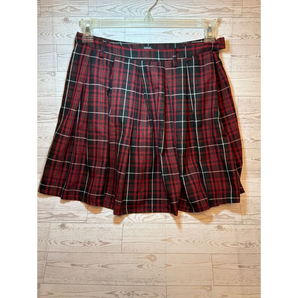 Social Collision Plaid Mini Skirt Womens LG Red Black Pleated Grunge Emo Punk